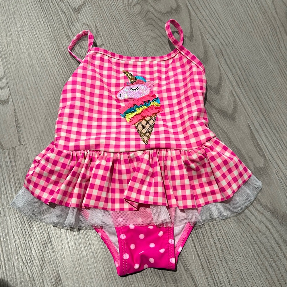Flapdoodles gingham unicorn‎ ice cream tulle peplum one piece swim suit 2T